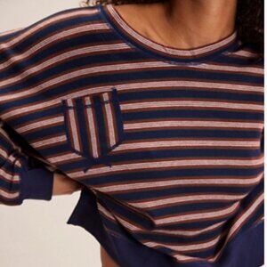 NWT! Free People Make It Happen Pullover Long Sleeve Stripe Brown Navy Large